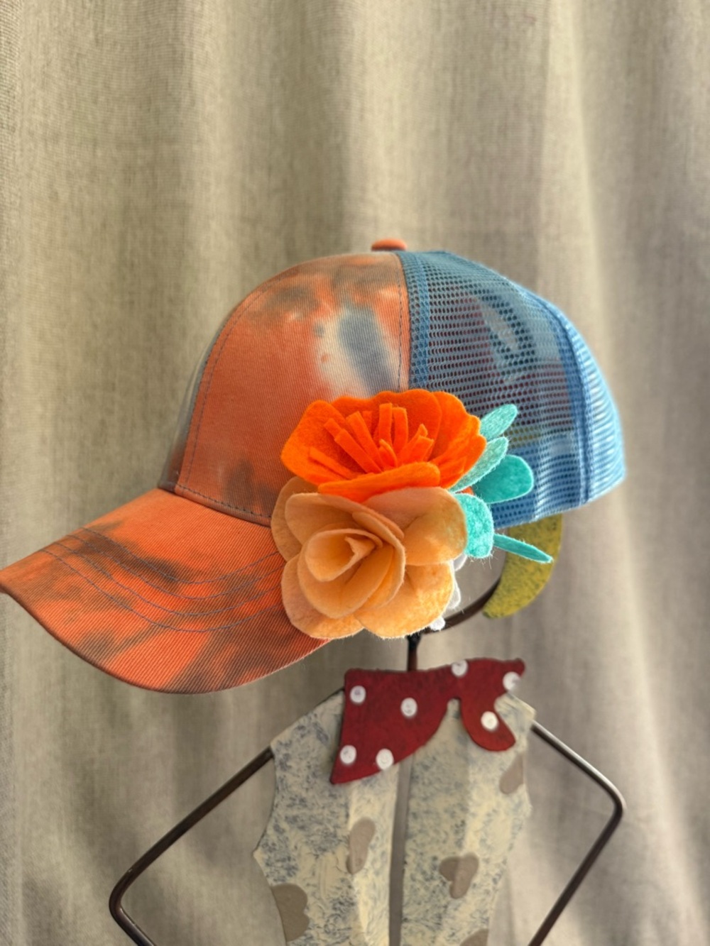 Tie-Dye Orange & Blue poppy Flower Trucker Hat - Picture 2 of 8